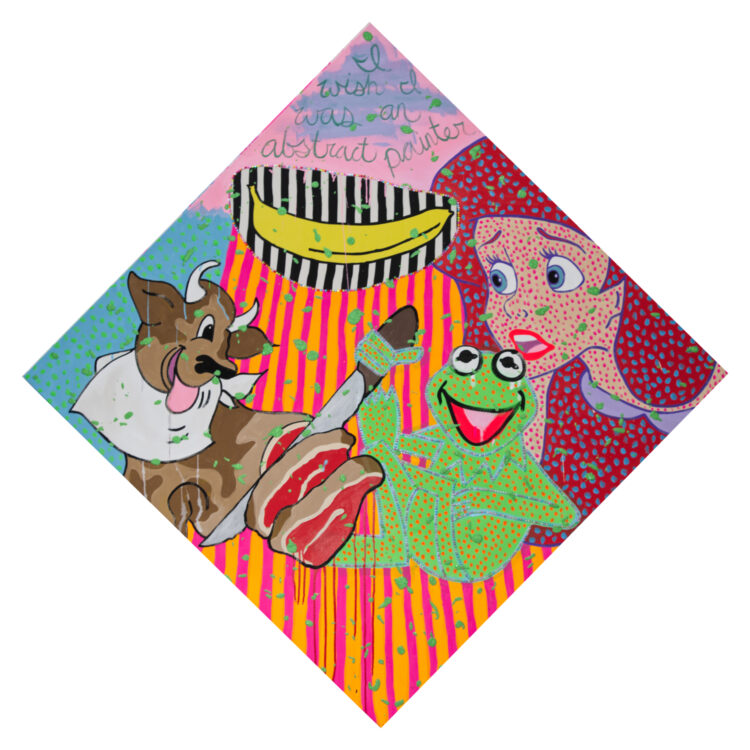 The Colour of Money 2025 Acrylic, flashe, glitter, acrylic ink, IKEA fabric, plastic gems and plastic pearls on canvas 183x183cm (sides 130x130cm) MICHAEL PYBUS